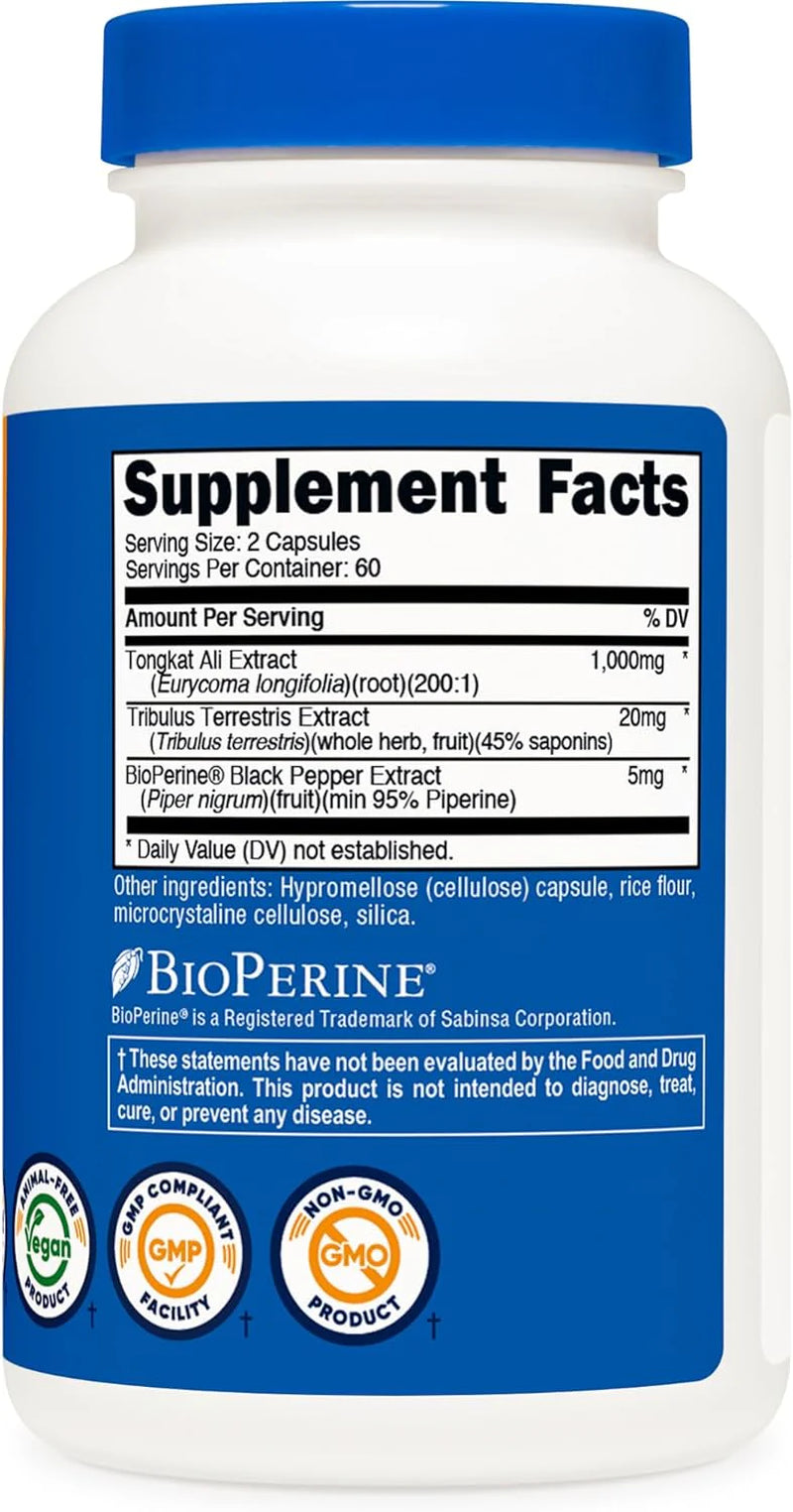 Nutricost Tongkat Ali 1,000Mg 120 Capsules - with Tribulus Terrestris and Bioperine, Vegetarian Caps, Non-Gmo, Gluten Free, Potent Extract