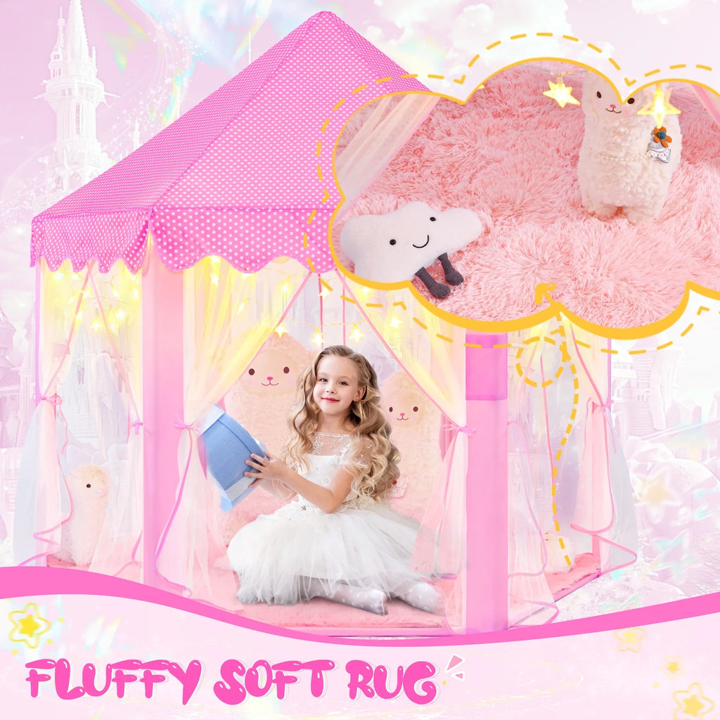 Pink Princess Tent for Girls Age 4-7, Girls Tent with Star Lights, Kids Play Tent for Girls Indoor, Princess Castle Playhouse Tent for Toddlers, Princess Toy Tent 55X53 Inch