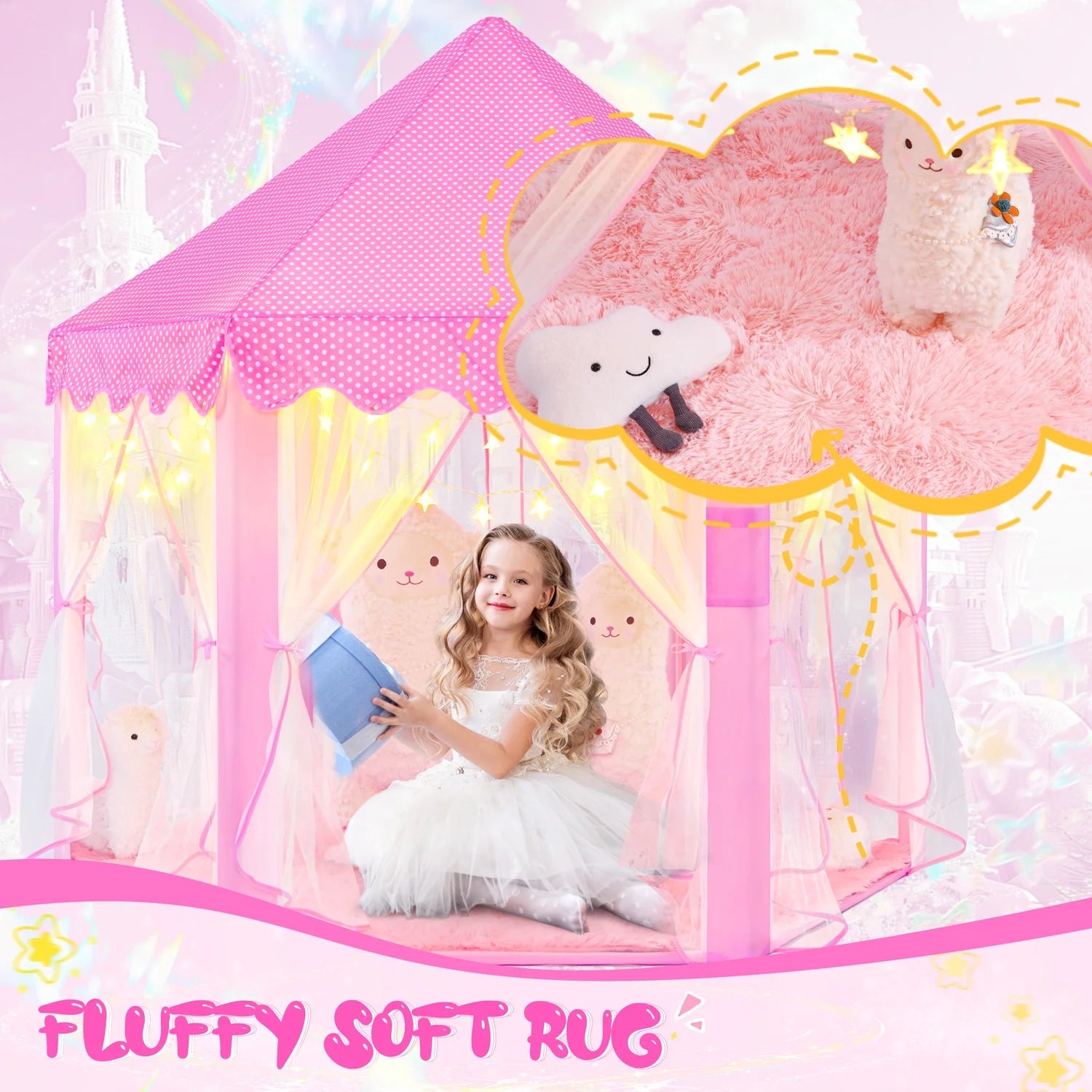 Pink Princess Tent for Girls Age 4-7, Girls Tent with Star Lights, Kids Play Tent for Girls Indoor, Princess Castle Playhouse Tent for Toddlers, Princess Toy Tent 55X53 Inch