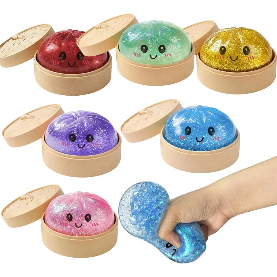 Steamed Bun Squeeze Toy Simulation Bao Stress Relief Fidget Toy with Beads Sparkles Soft Squishy Sensory Decompression Accessory