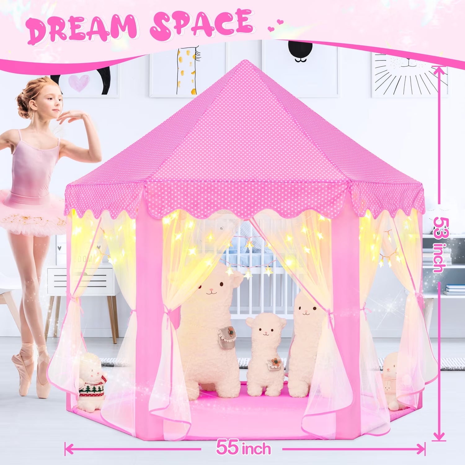 Pink Princess Tent for Girls Age 4-7, Girls Tent with Star Lights, Kids Play Tent for Girls Indoor, Princess Castle Playhouse Tent for Toddlers, Princess Toy Tent 55X53 Inch