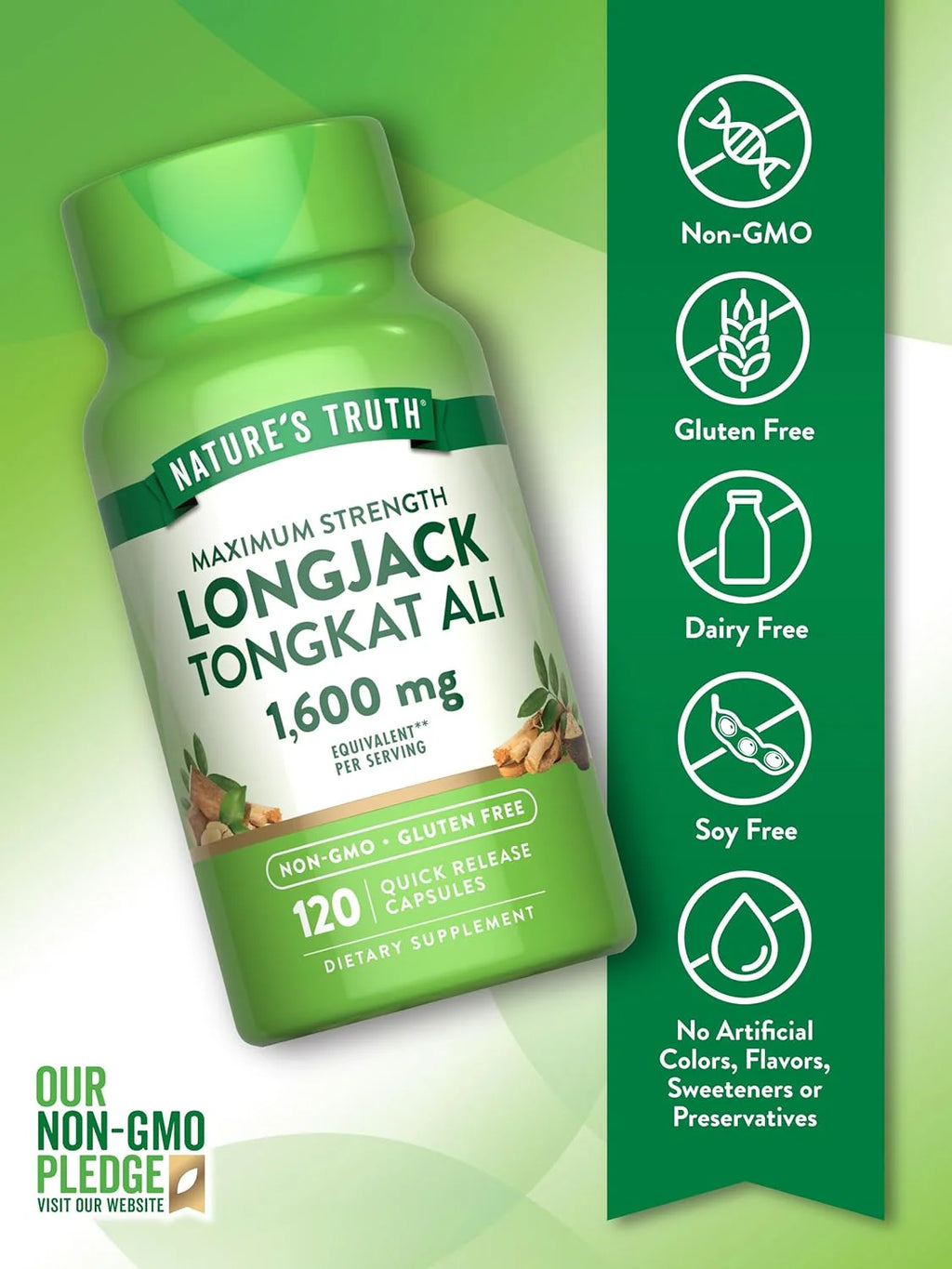 Nature'S Truth Longjack Tongkat Ali | 1600Mg | 120 Capsules | Max Strength Formula for Men | Non-Gmo & Gluten Free Supplement
