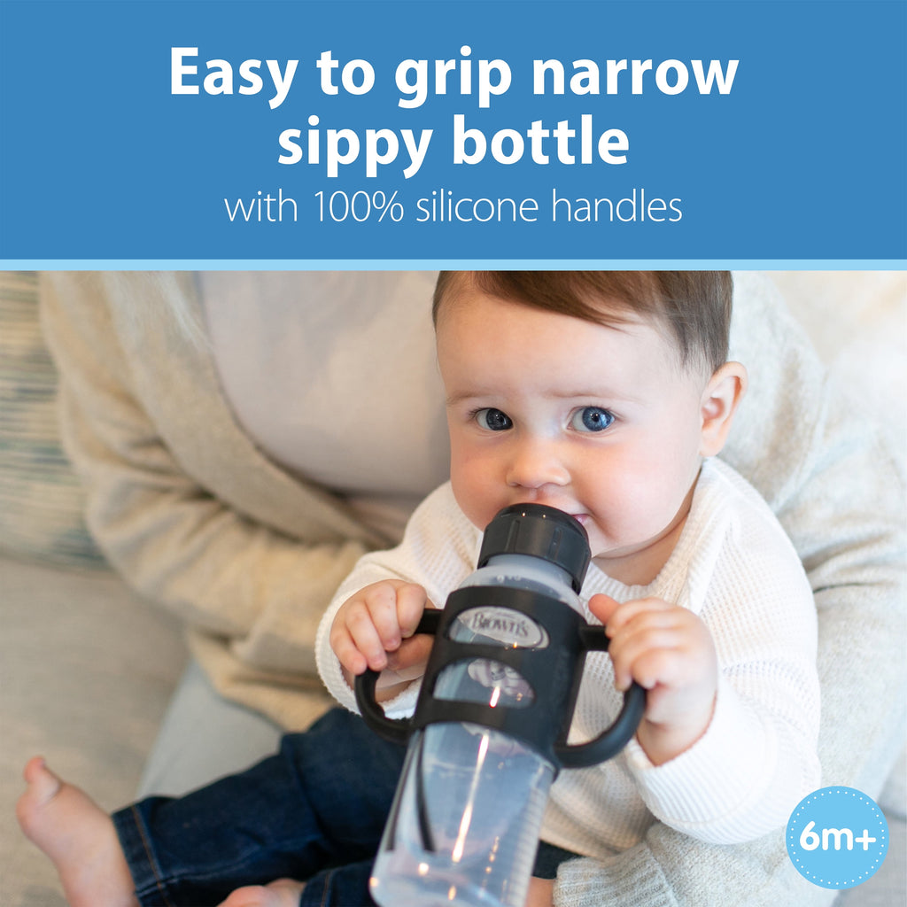Milestones Narrow Sippy Spout Bottle with Handles, 8Oz/250Ml, 6M+, Black/Ecru, 2 Pack