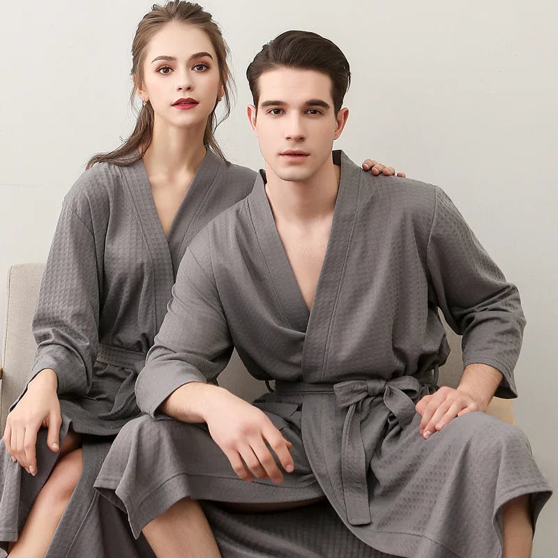 Men'S and Women'S Universal Waffle Seven-Sleeve Lightweight Long Bathrobe for Hotels, Soft and Breathable, Couple'S Homewear