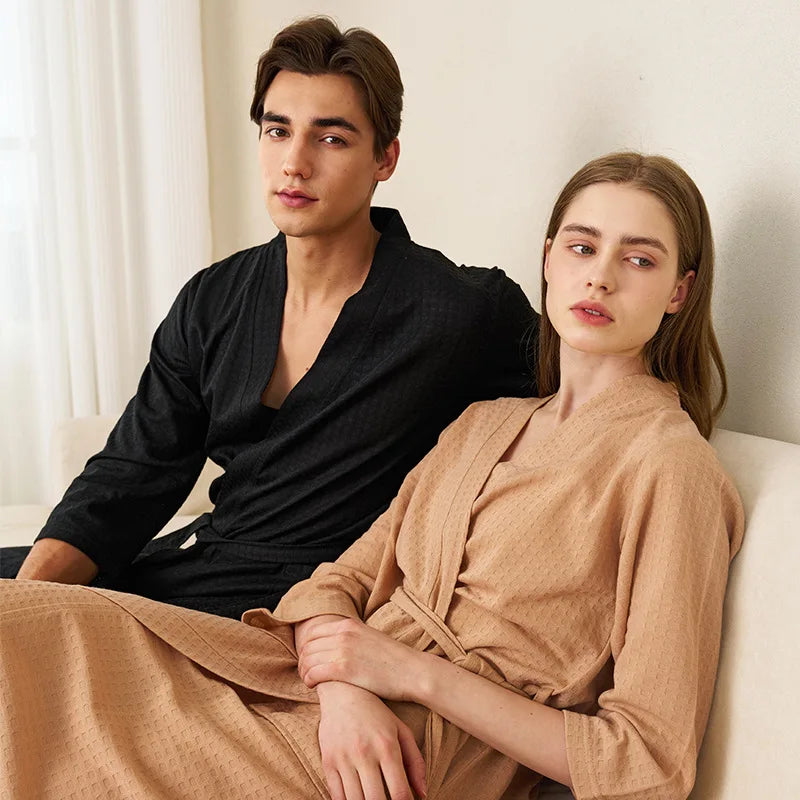 Men'S and Women'S Universal Waffle Seven-Sleeve Lightweight Long Bathrobe for Hotels, Soft and Breathable, Couple'S Homewear
