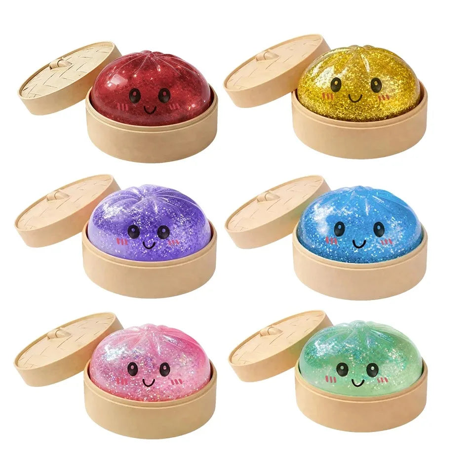 Steamed Bun Squeeze Toy Simulation Bao Stress Relief Fidget Toy with Beads Sparkles Soft Squishy Sensory Decompression Accessory
