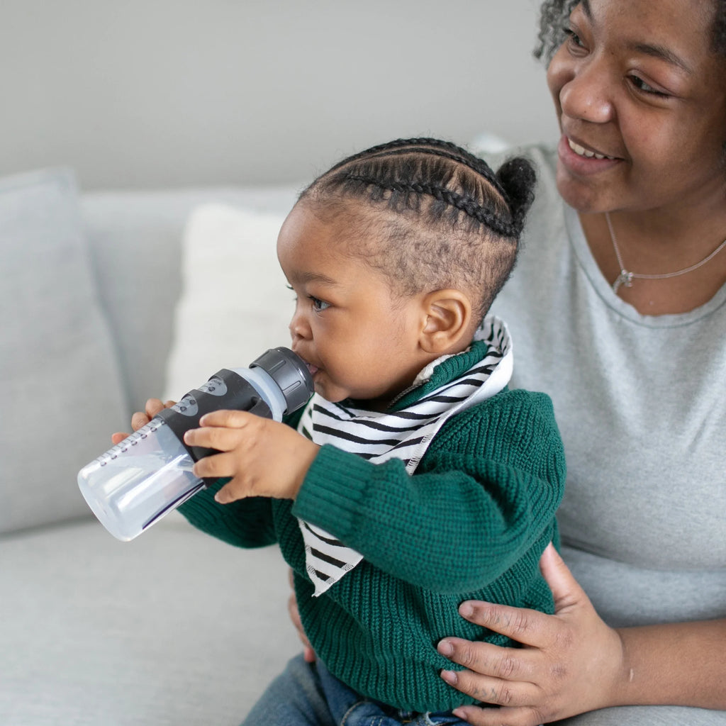 Milestones Narrow Sippy Spout Bottle with Handles, 8Oz/250Ml, 6M+, Black/Ecru, 2 Pack