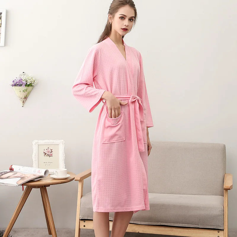 Men'S and Women'S Universal Waffle Seven-Sleeve Lightweight Long Bathrobe for Hotels, Soft and Breathable, Couple'S Homewear