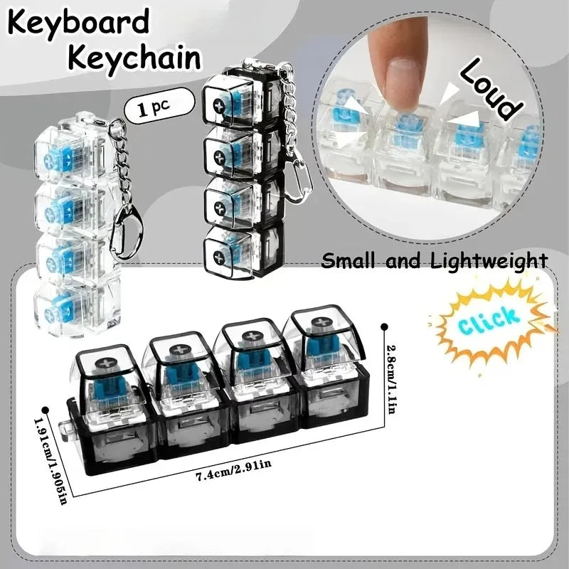 Glowing Keyboard Stress Relief Toy, Keychain, 4-In-1 Stress Relief Button Keychain, Stress-Relieving Fingertip Clicker, Transpar