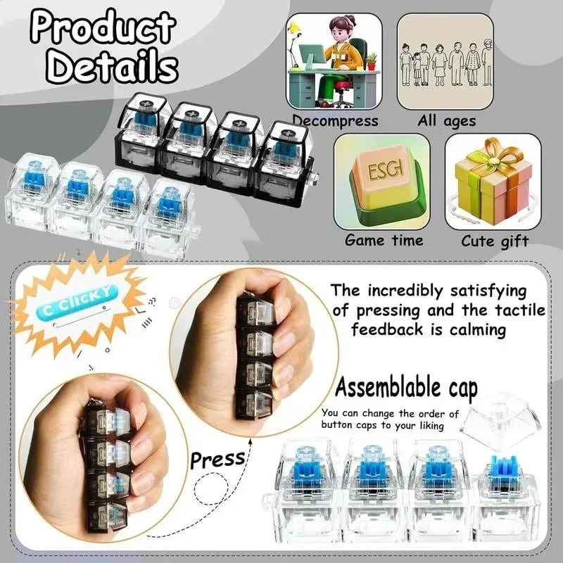 Glowing Keyboard Stress Relief Toy, Keychain, 4-In-1 Stress Relief Button Keychain, Stress-Relieving Fingertip Clicker, Transpar