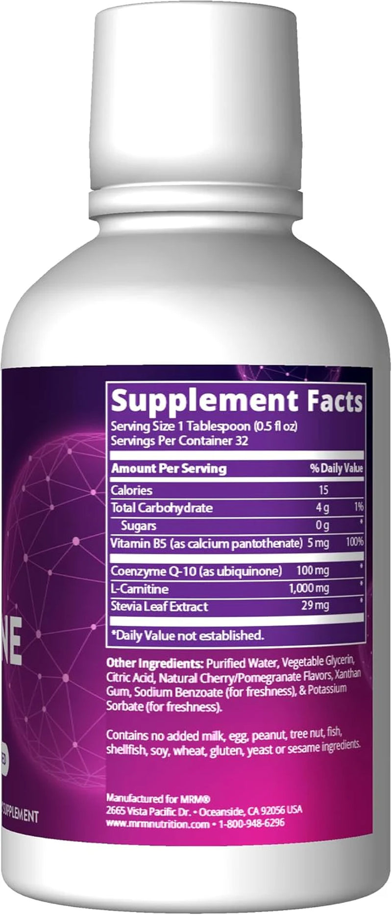 MRM Nutrition Coq-10 L-Carnitine Liquid | Cherry Pomegranate Flavored | Energy + Antioxidants | Naturally Derived Coq-10 | 32 Servings