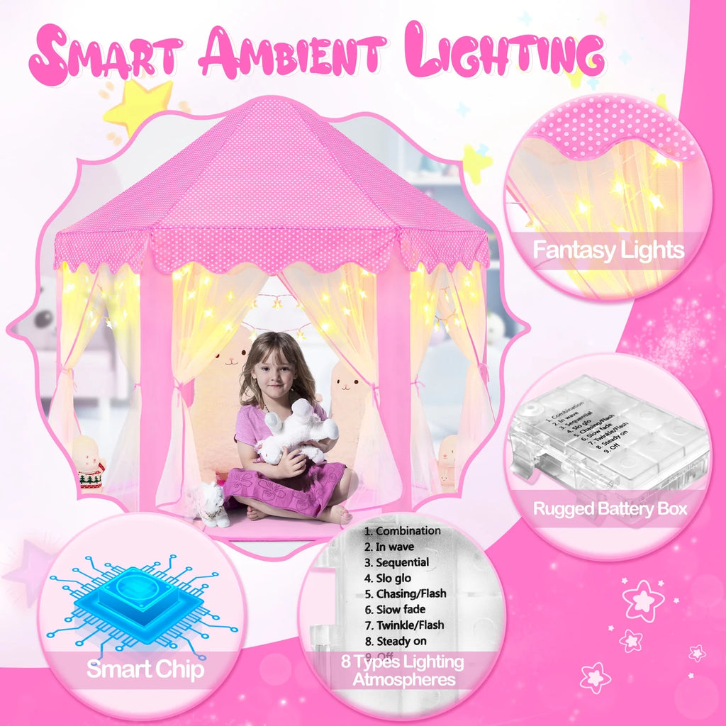 Pink Princess Tent for Girls Age 4-7, Girls Tent with Star Lights, Kids Play Tent for Girls Indoor, Princess Castle Playhouse Tent for Toddlers, Princess Toy Tent 55X53 Inch