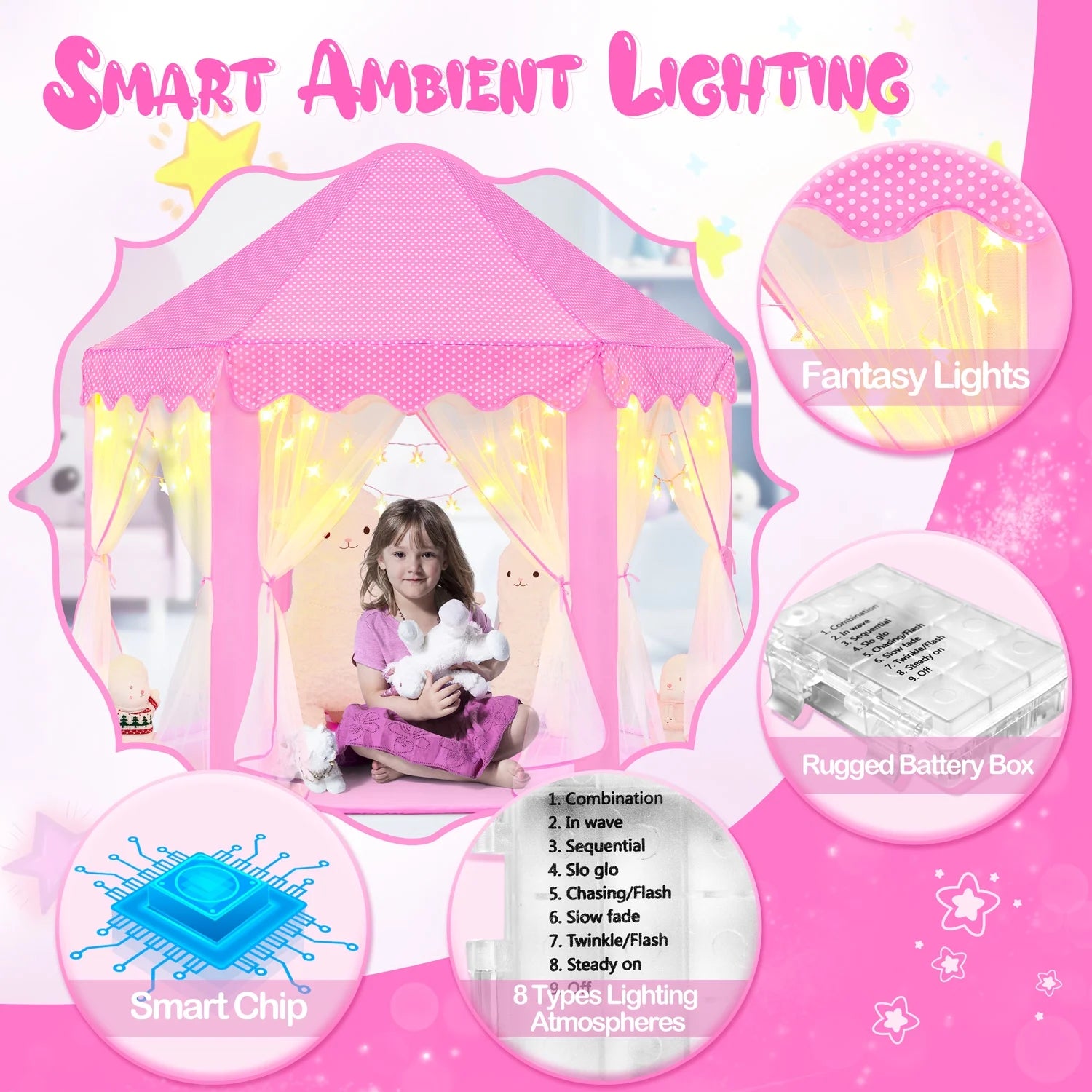 Pink Princess Tent for Girls Age 4-7, Girls Tent with Star Lights, Kids Play Tent for Girls Indoor, Princess Castle Playhouse Tent for Toddlers, Princess Toy Tent 55X53 Inch