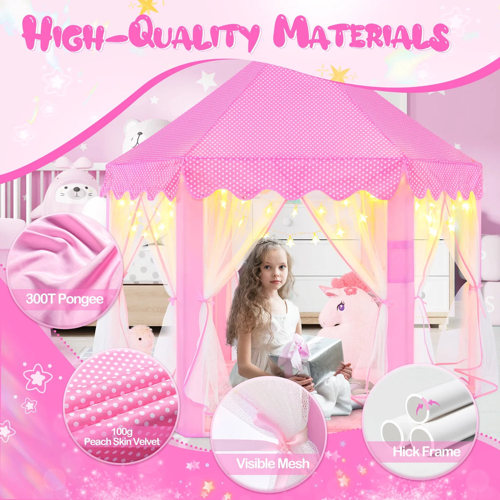 Pink Princess Tent for Girls Age 4-7, Girls Tent with Star Lights, Kids Play Tent for Girls Indoor, Princess Castle Playhouse Tent for Toddlers, Princess Toy Tent 55X53 Inch
