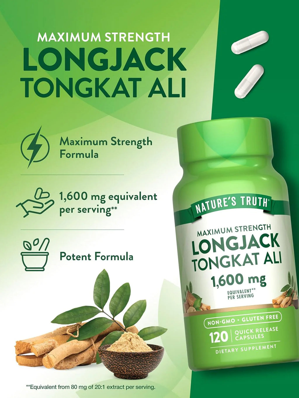 Nature'S Truth Longjack Tongkat Ali | 1600Mg | 120 Capsules | Max Strength Formula for Men | Non-Gmo & Gluten Free Supplement