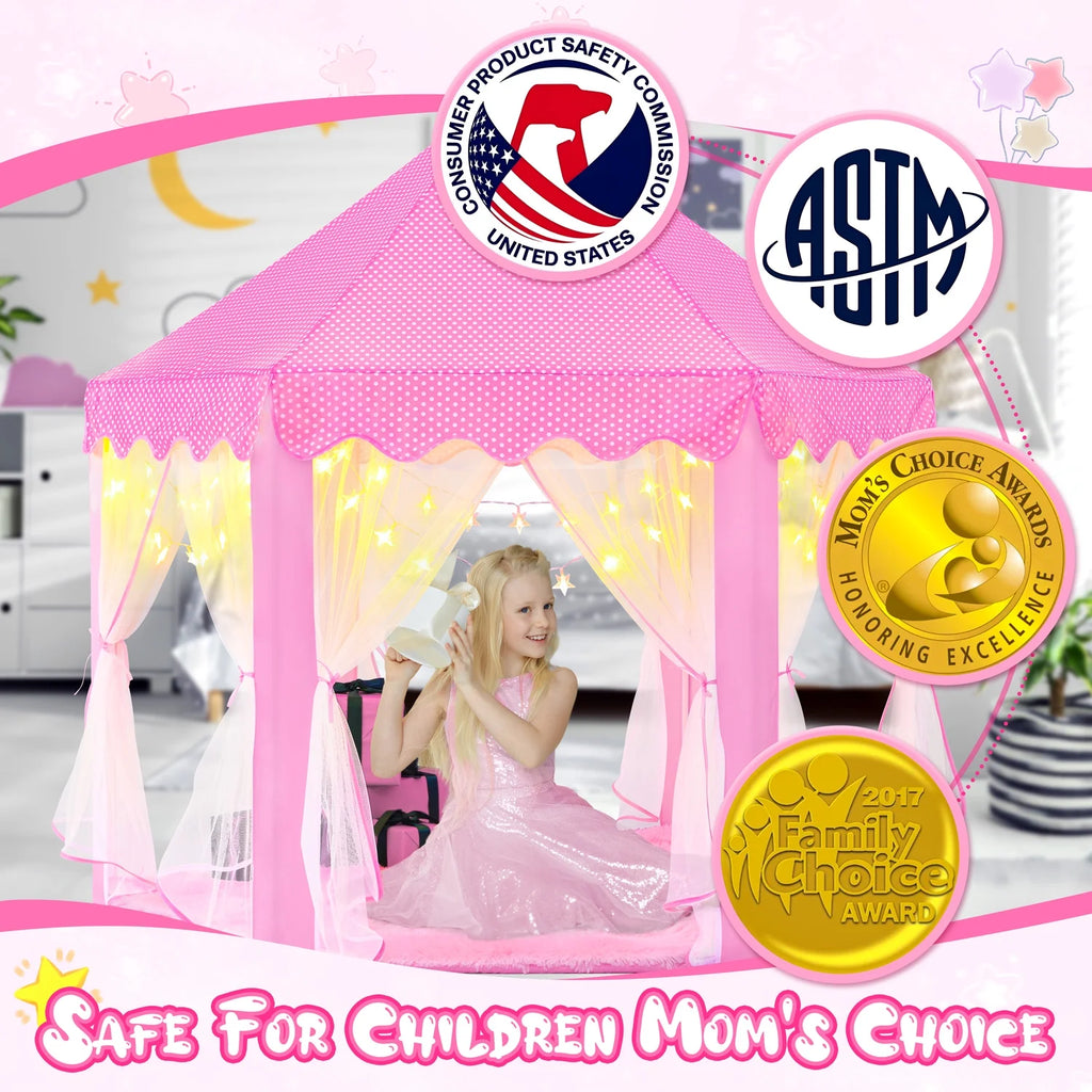 Pink Princess Tent for Girls Age 4-7, Girls Tent with Star Lights, Kids Play Tent for Girls Indoor, Princess Castle Playhouse Tent for Toddlers, Princess Toy Tent 55X53 Inch