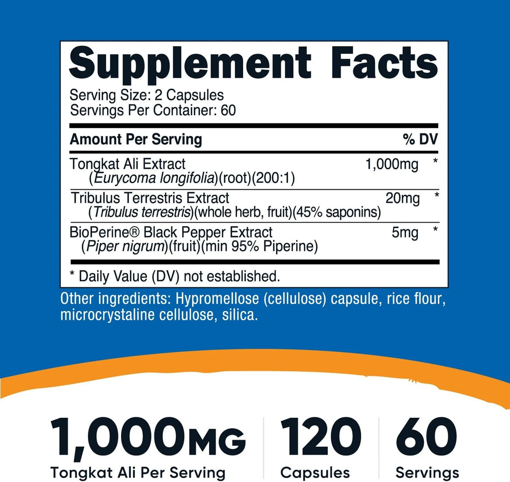 Nutricost Tongkat Ali 1,000Mg 120 Capsules - with Tribulus Terrestris and Bioperine, Vegetarian Caps, Non-Gmo, Gluten Free, Potent Extract