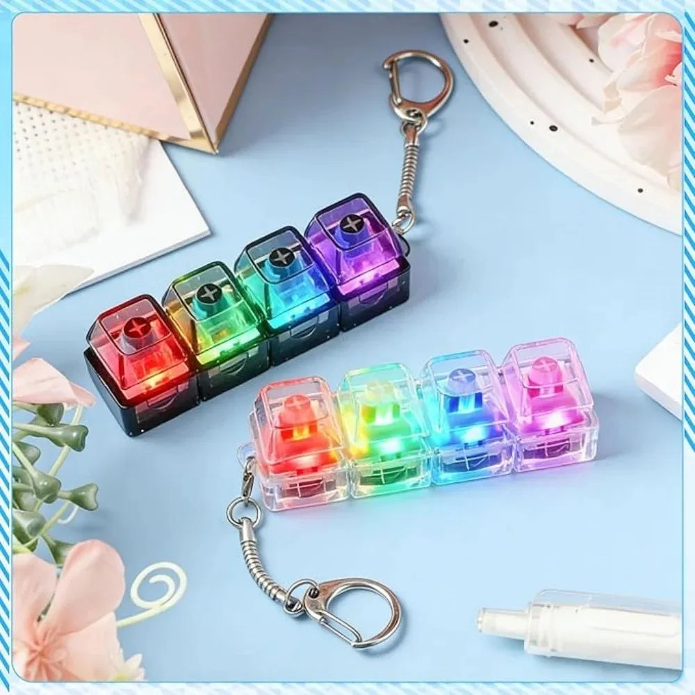 Glowing Keyboard Stress Relief Toy, Keychain, 4-In-1 Stress Relief Button Keychain, Stress-Relieving Fingertip Clicker, Transpar