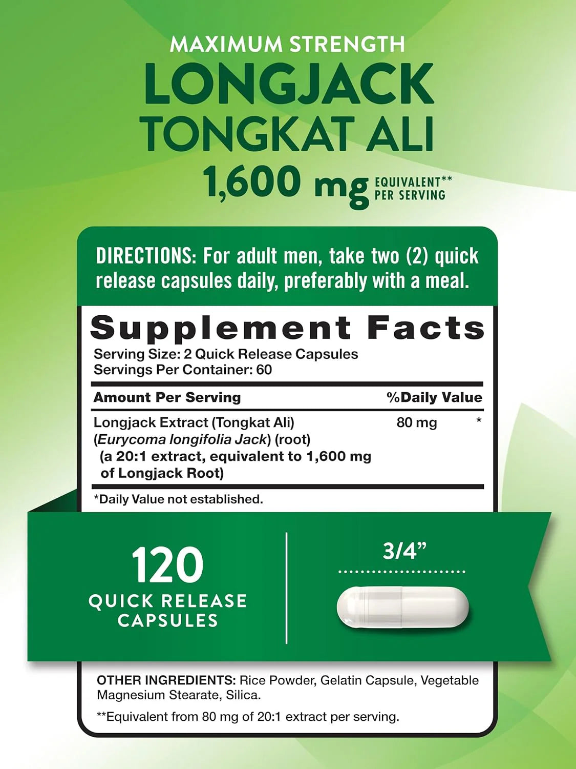 Nature'S Truth Longjack Tongkat Ali | 1600Mg | 120 Capsules | Max Strength Formula for Men | Non-Gmo & Gluten Free Supplement